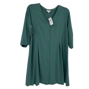 J Jill Womens NWT Size Large Petite Button Up Green Dress Pleated V Neck